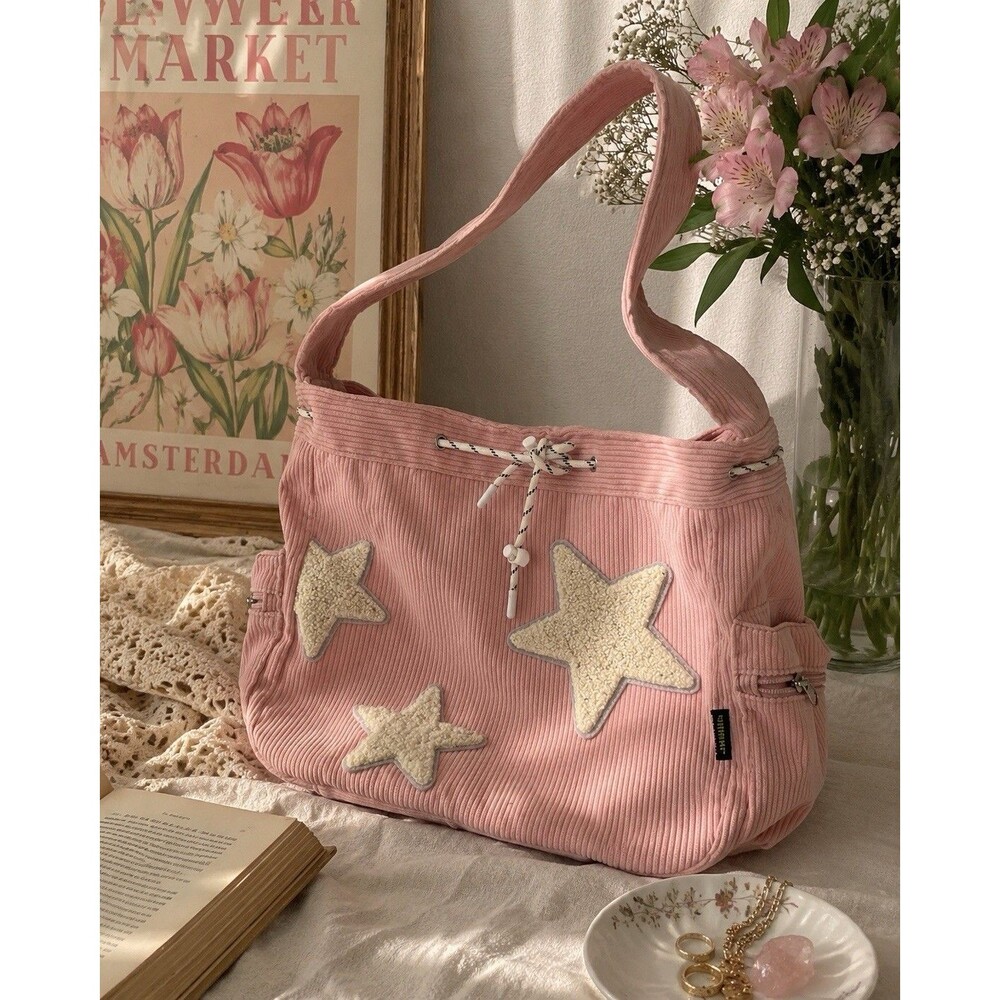 Heming Pink Star Y2K Tote Bag Corduroy 16x10x5 Beach Books Travel